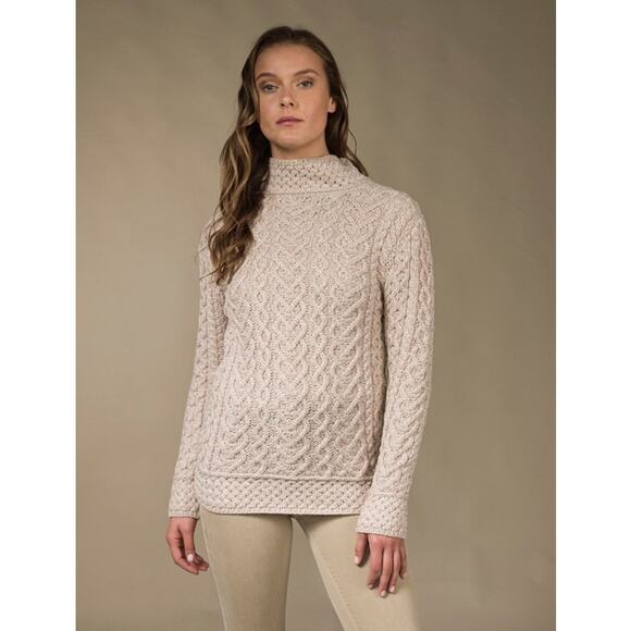 Aran Sweater Market Super Soft Polo Neck Sweater Oatmeal Merino Wool Size L - Picture 1 of 9